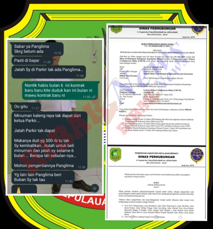 Foto Kiri Hasil tangkap Layar percakapan Melalui WhatsApp SF (Sekretaris Dishub), bersama NA (Pengelola Parkir), dan kanan diduga kontrak Palsu Dishub dan LMCM.