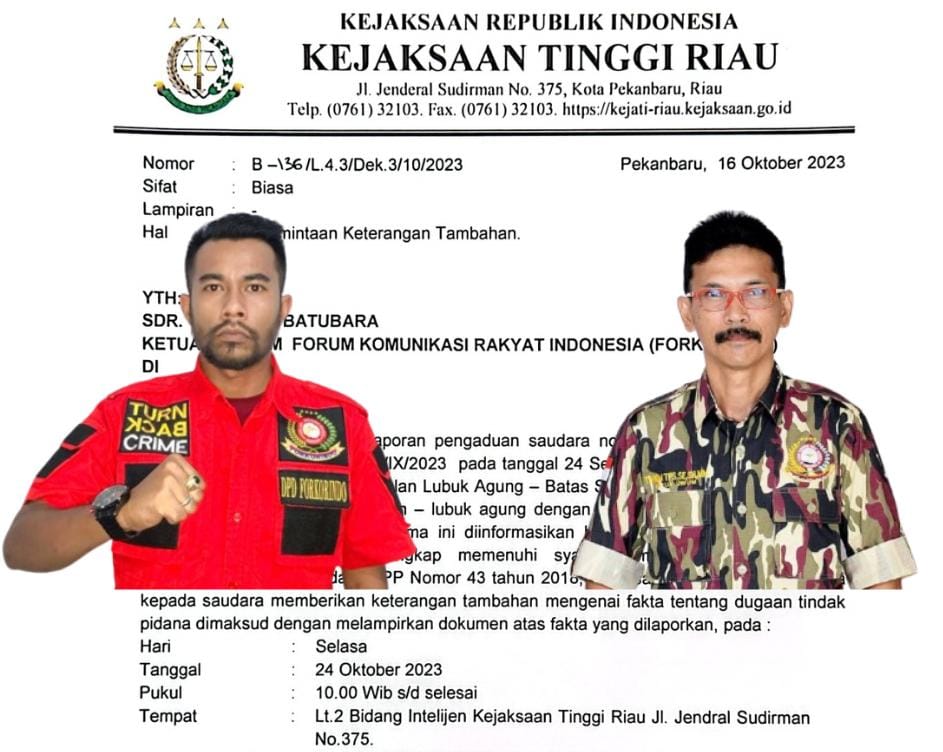 Foto : Latar belakang Dokumen Permintaan Keterangan Oleh Kejati Riau, Tp. Batubara Ketua DPD LSM Forkorindo Riau (Kiri), dan Tohom TPS., SE., SH., MM., Ketua Umum LSM Forkorindo (Kanan).