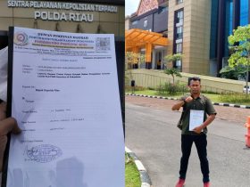 Foto : Surat Tanda Terima Laporan Dugaan Korupsi PLN Di Polda Riau (Kiri), Ketua DPD LSM Forkorindo Riau, Tp. Batubara saat melaporkan Di Polda Riau (Kanan).