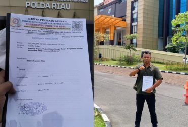 Foto : Surat Tanda Terima Laporan Dugaan Korupsi PLN Di Polda Riau (Kiri), Ketua DPD LSM Forkorindo Riau, Tp. Batubara saat melaporkan Di Polda Riau (Kanan).