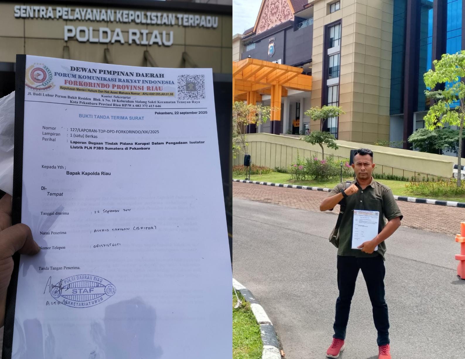 Foto : Surat Tanda Terima Laporan Dugaan Korupsi PLN Di Polda Riau (Kiri), Ketua DPD LSM Forkorindo Riau, Tp. Batubara saat melaporkan Di Polda Riau (Kanan).